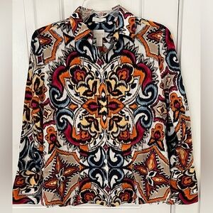 Chico's No Iron 100% Cotton Top Blouse Button Front Long Sleeve Small Abstract